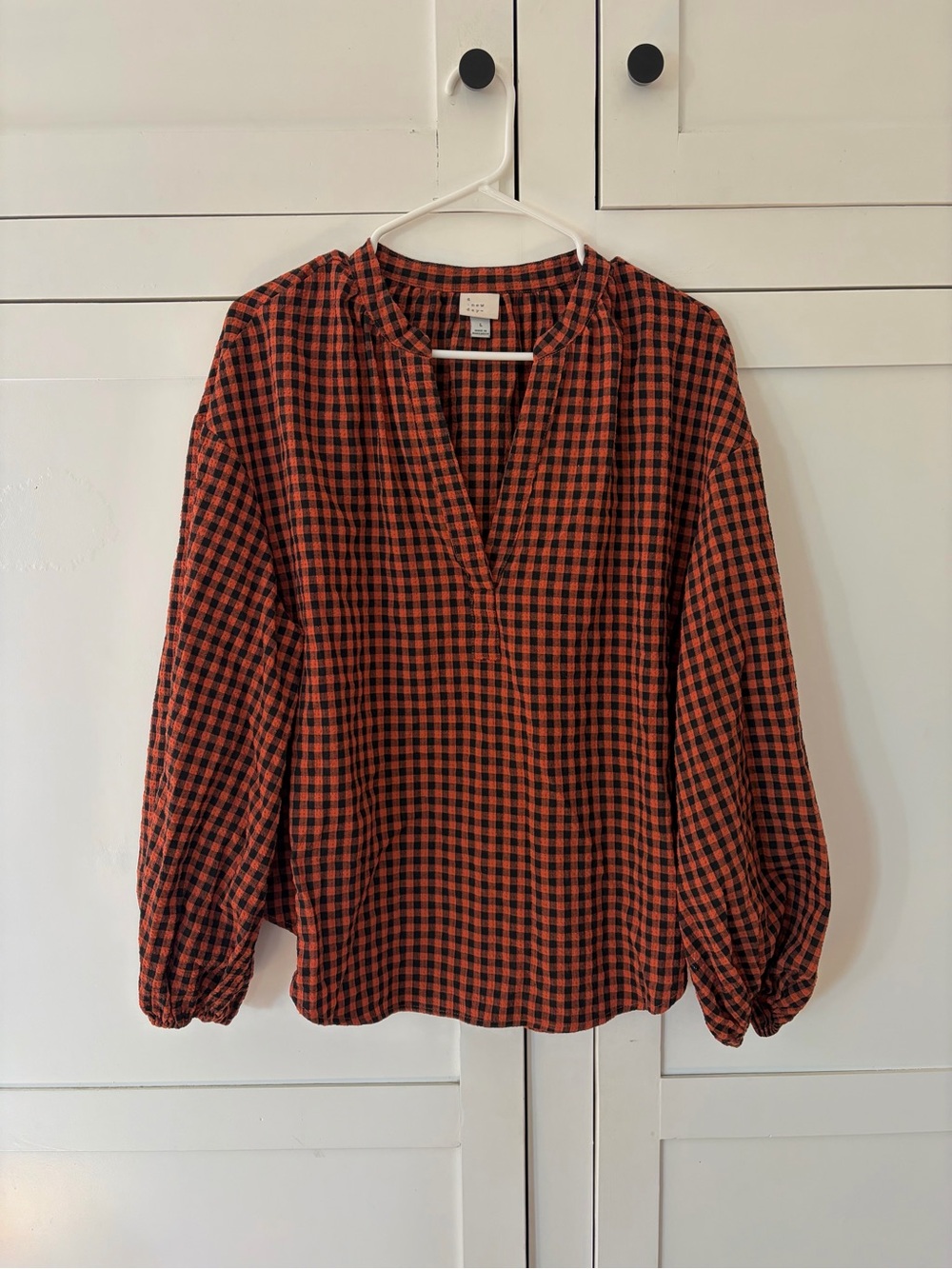 A New Day Rust Black Gingham V Neck Puff Sleeve Blouse Size XXL, Large